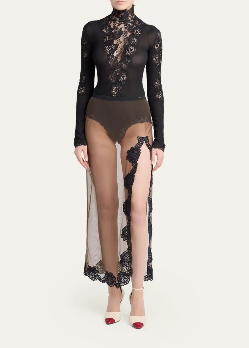 Valentino Garavani Turtleneck Lace & Jersey Long-Sleeve Bodysuit | Thumbnail 2 Valentino Garavani Turtleneck Lace & Jersey Long-Sleeve Bodysuit | Thumbnail 2