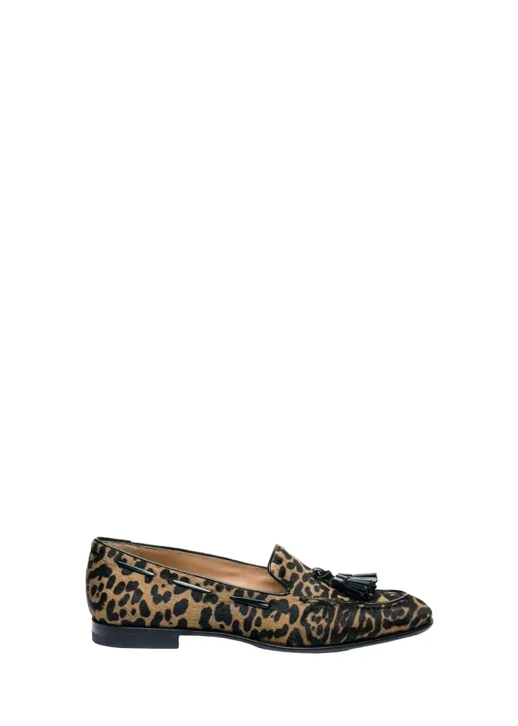 Santoni Leopard Calf Hair Tassel Loafers