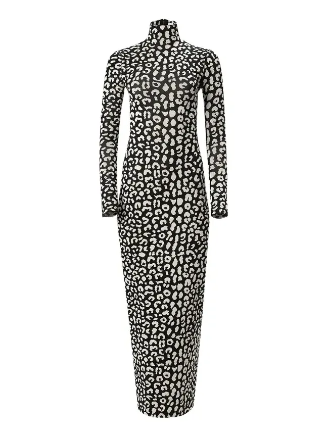 Long-Sleeve Leopard Maxi Turtleneck Dress Long-Sleeve Leopard Maxi Turtleneck Dress