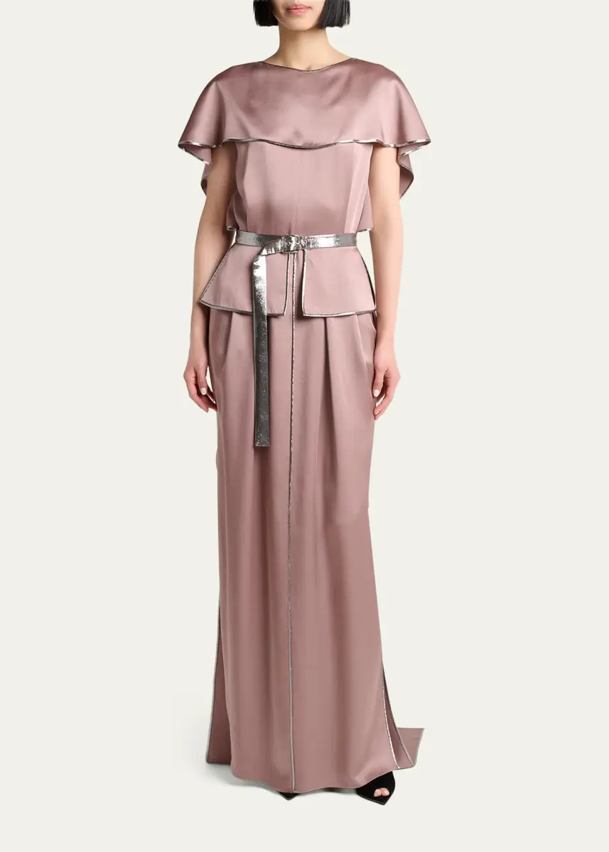 Lanvin Capelet-Sleeve Metallic Belted Satin Maxi Dress | Thumbnail 2 Lanvin Capelet-Sleeve Metallic Belted Satin Maxi Dress | Thumbnail 2