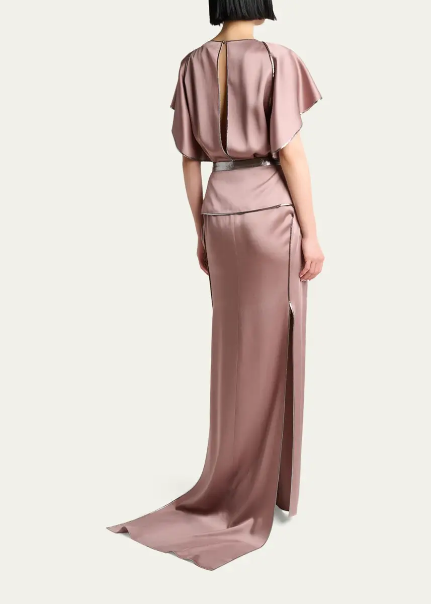 Lanvin Capelet-Sleeve Metallic Belted Satin Maxi Dress | Thumbnail 3 Lanvin Capelet-Sleeve Metallic Belted Satin Maxi Dress | Thumbnail 3