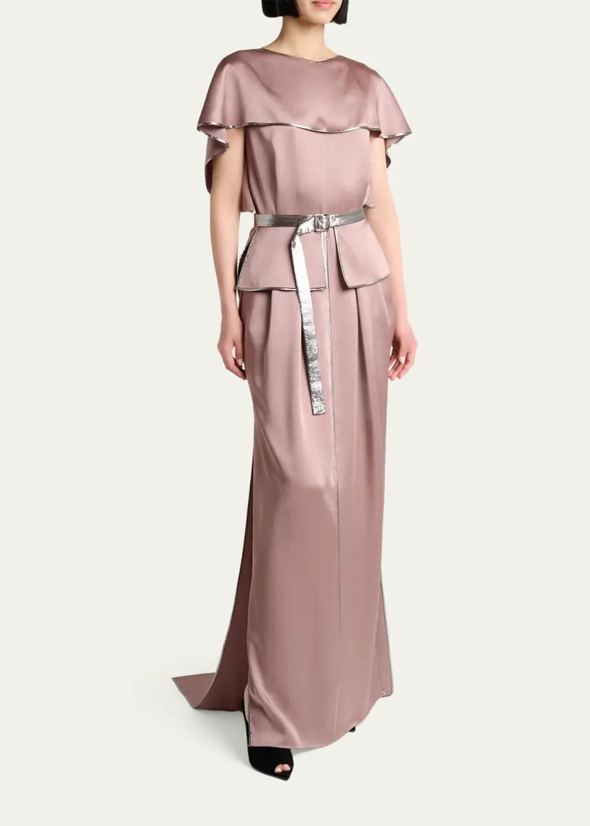 Lanvin Capelet-Sleeve Metallic Belted Satin Maxi Dress | Thumbnail 4 Lanvin Capelet-Sleeve Metallic Belted Satin Maxi Dress | Thumbnail 4