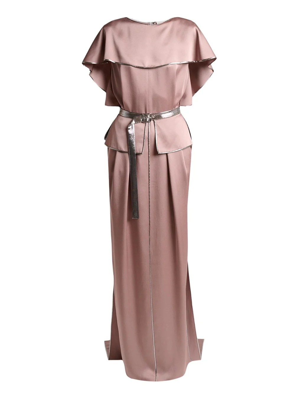 Capelet-Sleeve Metallic Belted Satin Maxi Dress