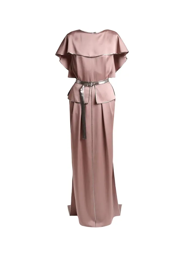 Lanvin Capelet-Sleeve Metallic Belted Satin Maxi Dress