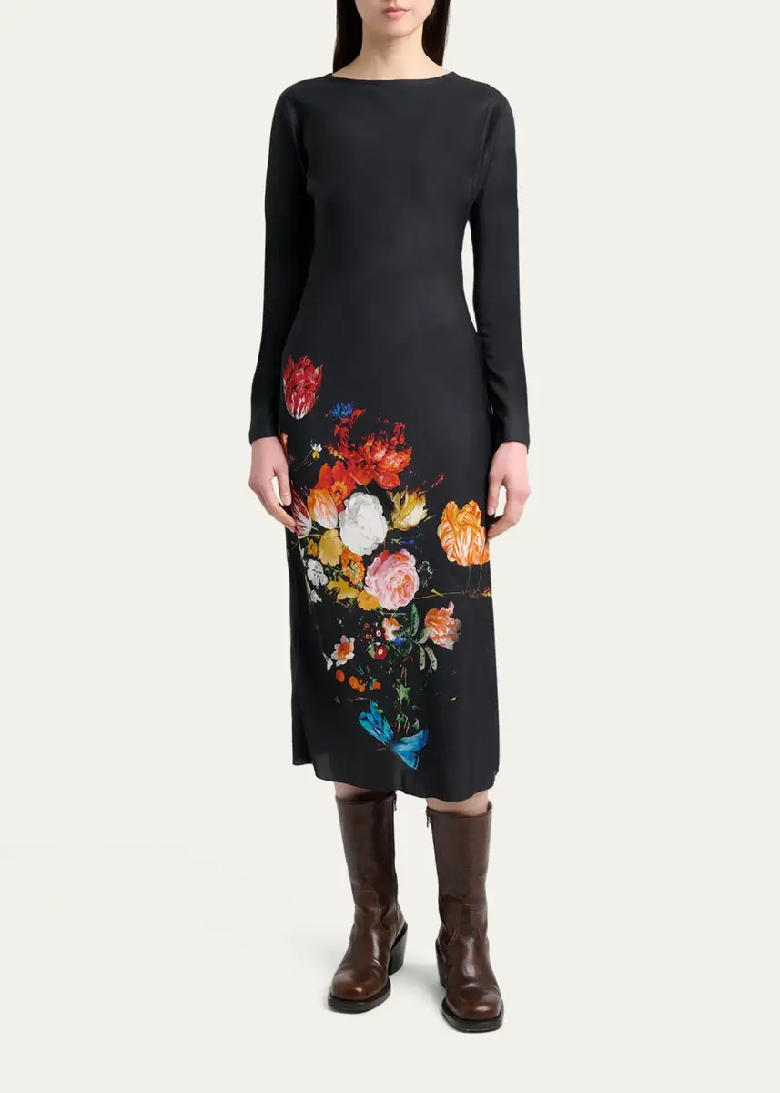 Dries Van Noten Floral Print Satin Long-Sleeve Midi Dress | Thumbnail 2 Dries Van Noten Floral Print Satin Long-Sleeve Midi Dress | Thumbnail 2