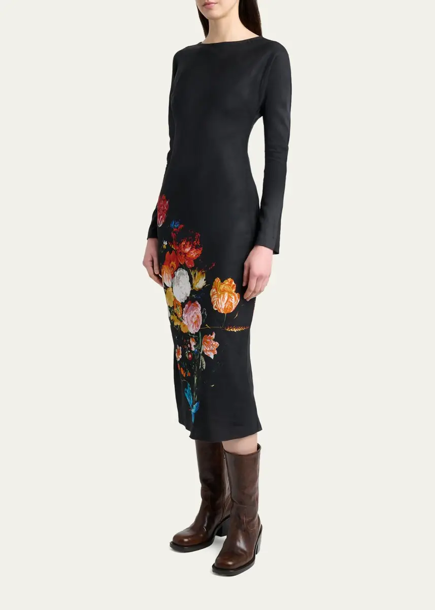 Dries Van Noten Floral Print Satin Long-Sleeve Midi Dress | Thumbnail 4 Dries Van Noten Floral Print Satin Long-Sleeve Midi Dress | Thumbnail 4