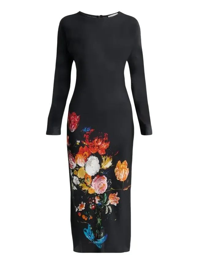 Floral Print Satin Long-Sleeve Midi Dress