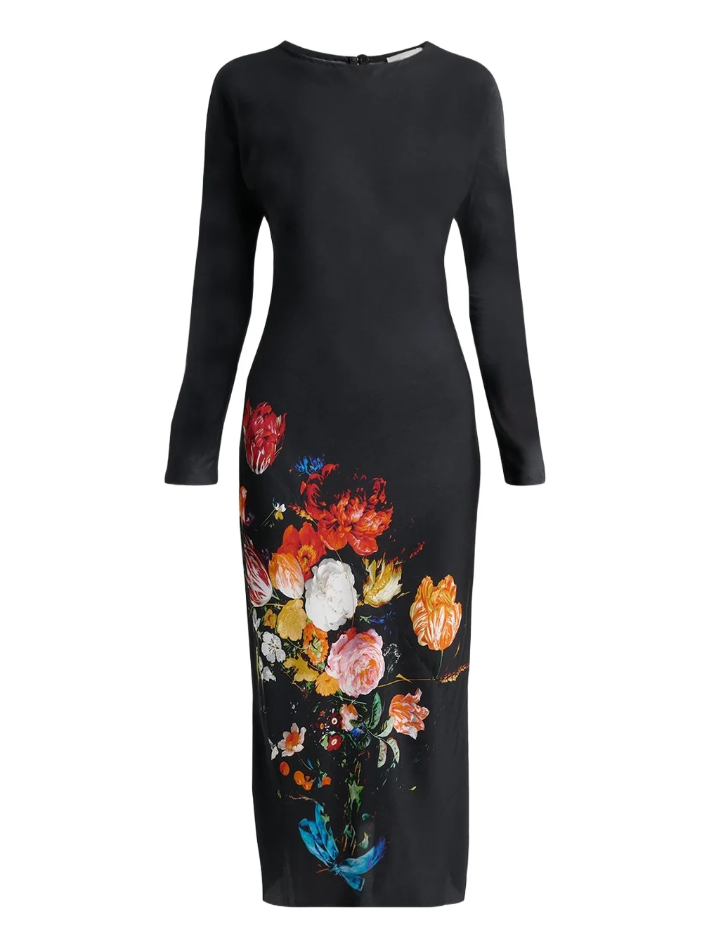 Floral Print Satin Long-Sleeve Midi Dress