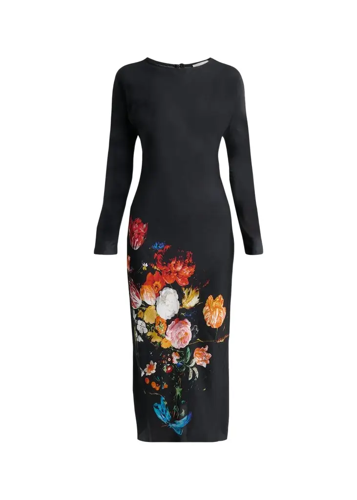 Floral Print Satin Long-Sleeve Midi Dress Floral Print Satin Long-Sleeve Midi Dress