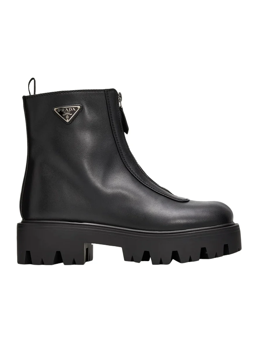 Prada 50mm Triangle Logo Leather Zip-Front Platform Ankle Boots
