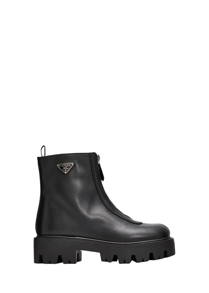 Prada 50mm Triangle Logo Leather Zip-Front Platform Ankle Boots