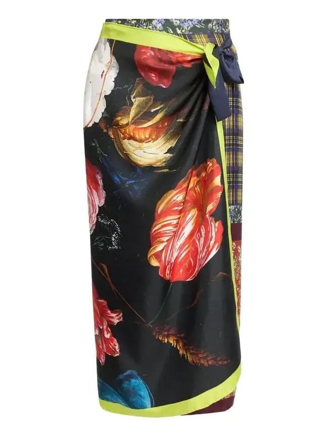 Mixed-Print Silk Midi Wrap Skirt