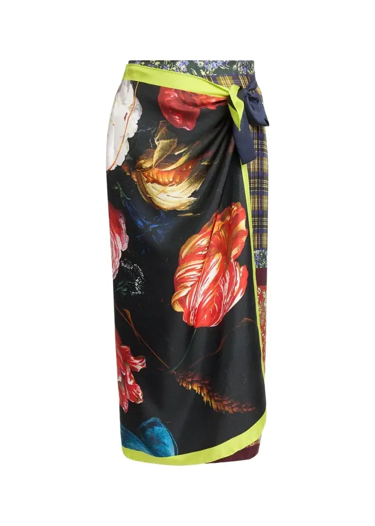 Mixed-Print Silk Midi Wrap Skirt