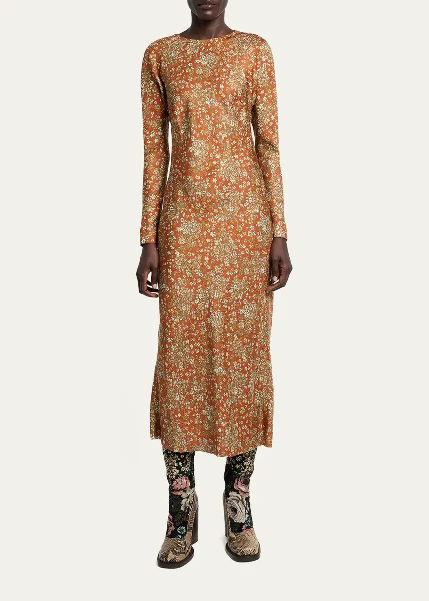 Dries Van Noten Floral Satin Long-Sleeve Midi Dress | Thumbnail 2 Dries Van Noten Floral Satin Long-Sleeve Midi Dress | Thumbnail 2