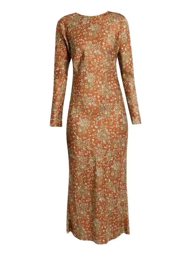 Floral Satin Long-Sleeve Midi Dress Floral Satin Long-Sleeve Midi Dress