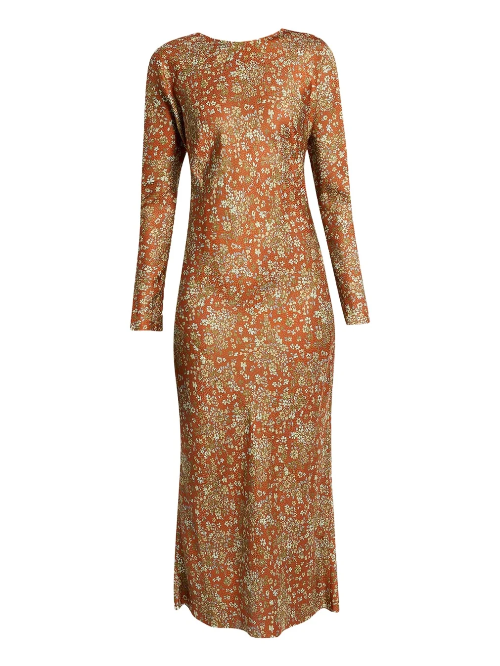 Floral Satin Long-Sleeve Midi Dress