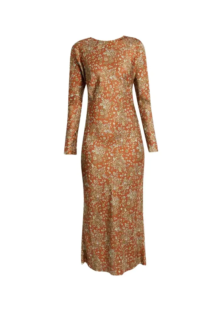 Floral Satin Long-Sleeve Midi Dress Floral Satin Long-Sleeve Midi Dress