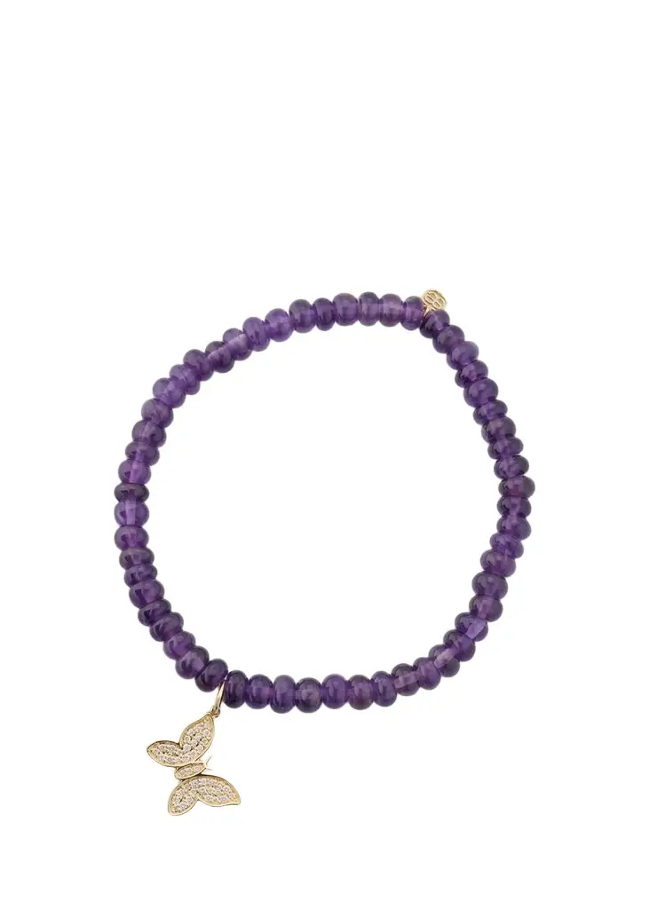 Sydney Evan 14K Mini Diamond Pave Butterfly on Amethyst Stretch Bracelet