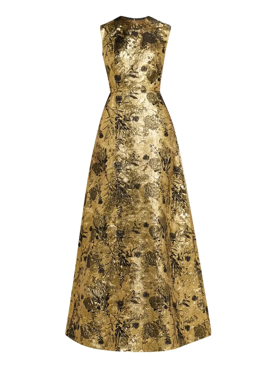 Reem Acra Metallic Floral Brocade Sleeveless A-Line Gown