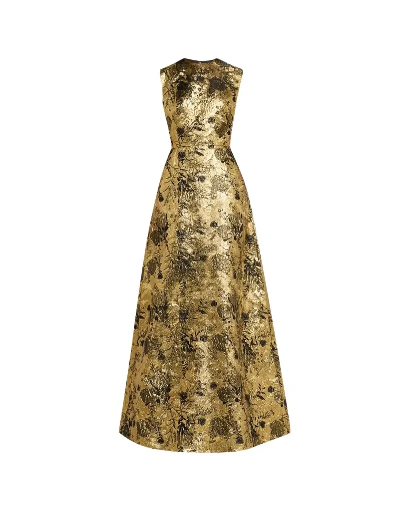 Reem Acra Metallic Floral Brocade Sleeveless A-Line Gown