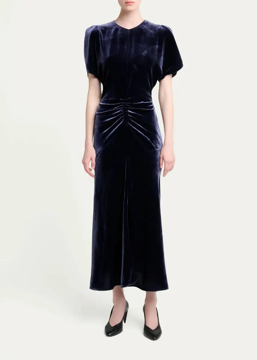 Victoria Beckham Bela Ruched Velvet Midi Dress | Thumbnail 2 Victoria Beckham Bela Ruched Velvet Midi Dress | Thumbnail 2