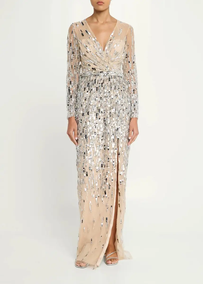 PAMELLA ROLAND Sequined Long-Sleeve Surplice Tulle Gown | Thumbnail 2 PAMELLA ROLAND Sequined Long-Sleeve Surplice Tulle Gown | Thumbnail 2