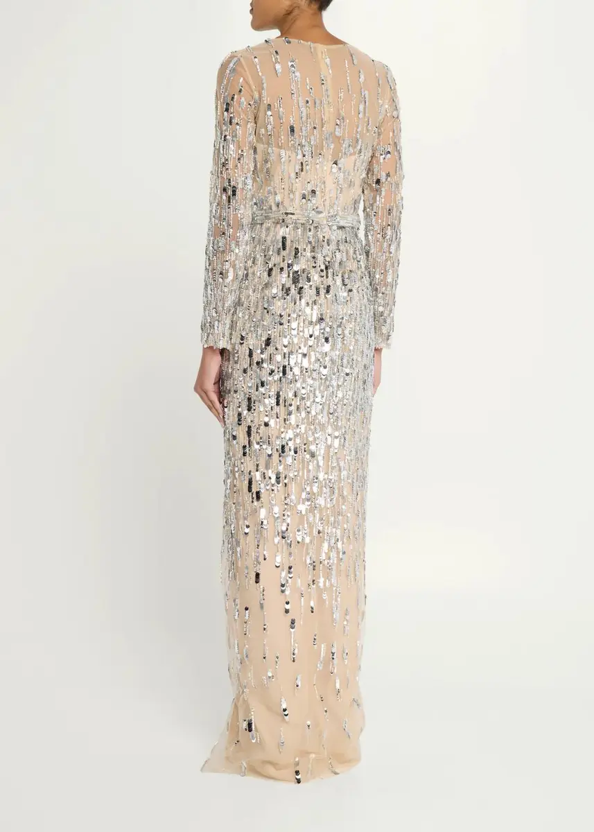 PAMELLA ROLAND Sequined Long-Sleeve Surplice Tulle Gown | Thumbnail 3 PAMELLA ROLAND Sequined Long-Sleeve Surplice Tulle Gown | Thumbnail 3