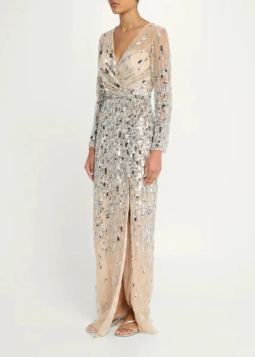 PAMELLA ROLAND Sequined Long-Sleeve Surplice Tulle Gown | Thumbnail 4 PAMELLA ROLAND Sequined Long-Sleeve Surplice Tulle Gown | Thumbnail 4