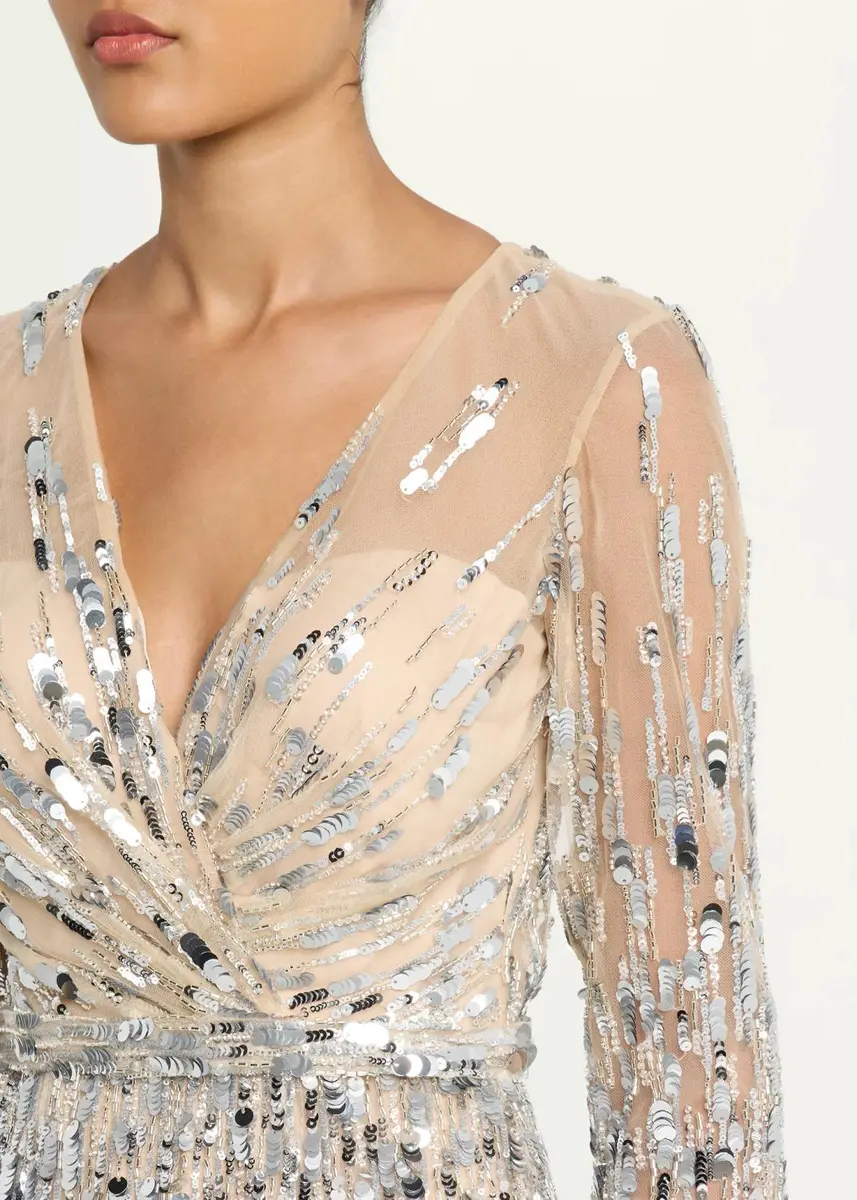 PAMELLA ROLAND Sequined Long-Sleeve Surplice Tulle Gown | Thumbnail 5 PAMELLA ROLAND Sequined Long-Sleeve Surplice Tulle Gown | Thumbnail 5