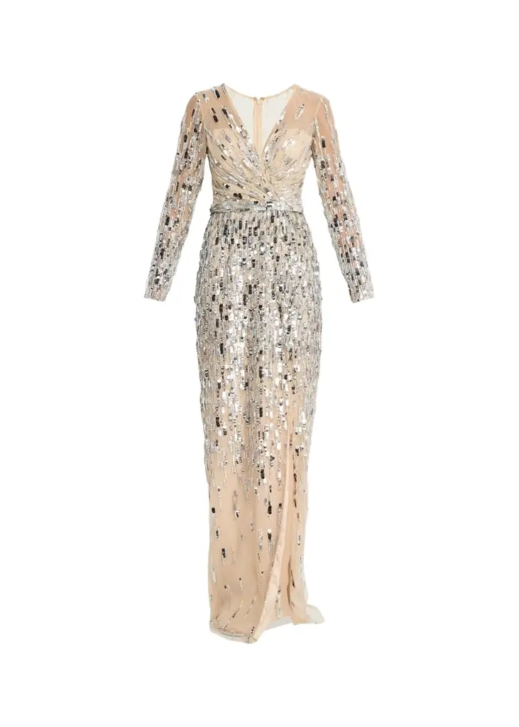 PAMELLA ROLAND Sequined Long-Sleeve Surplice Tulle Gown