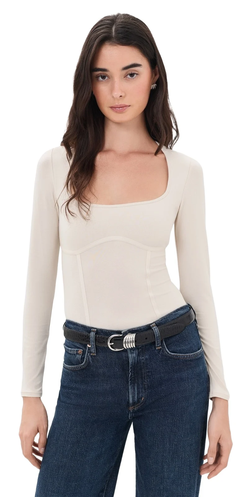 Scoop Neck Long Sleeve Thong Bodysuit