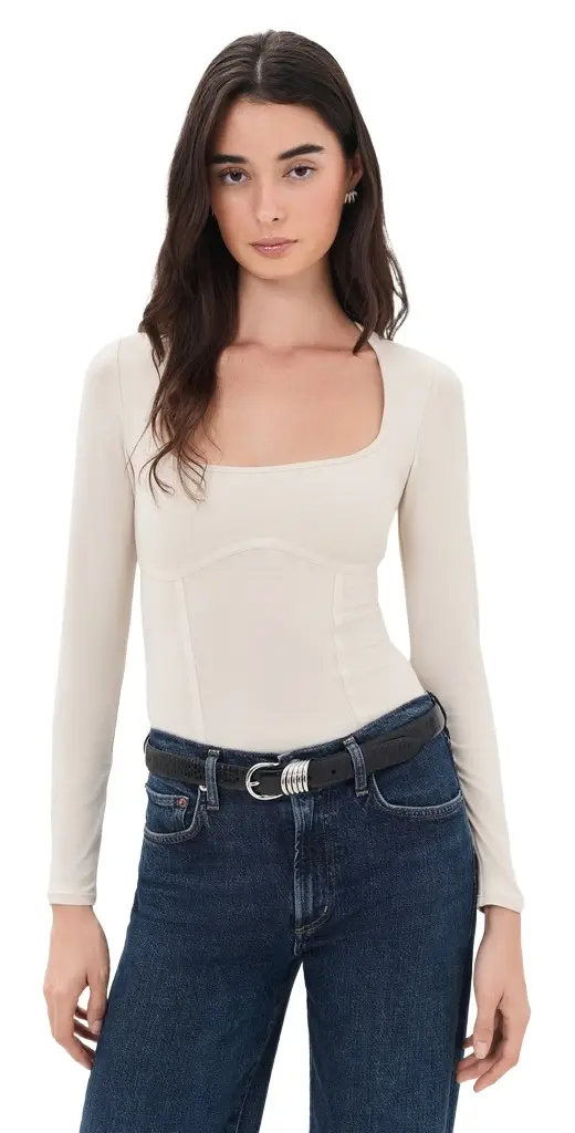 Fleur du Mal Scoop Neck Long Sleeve Thong Bodysuit