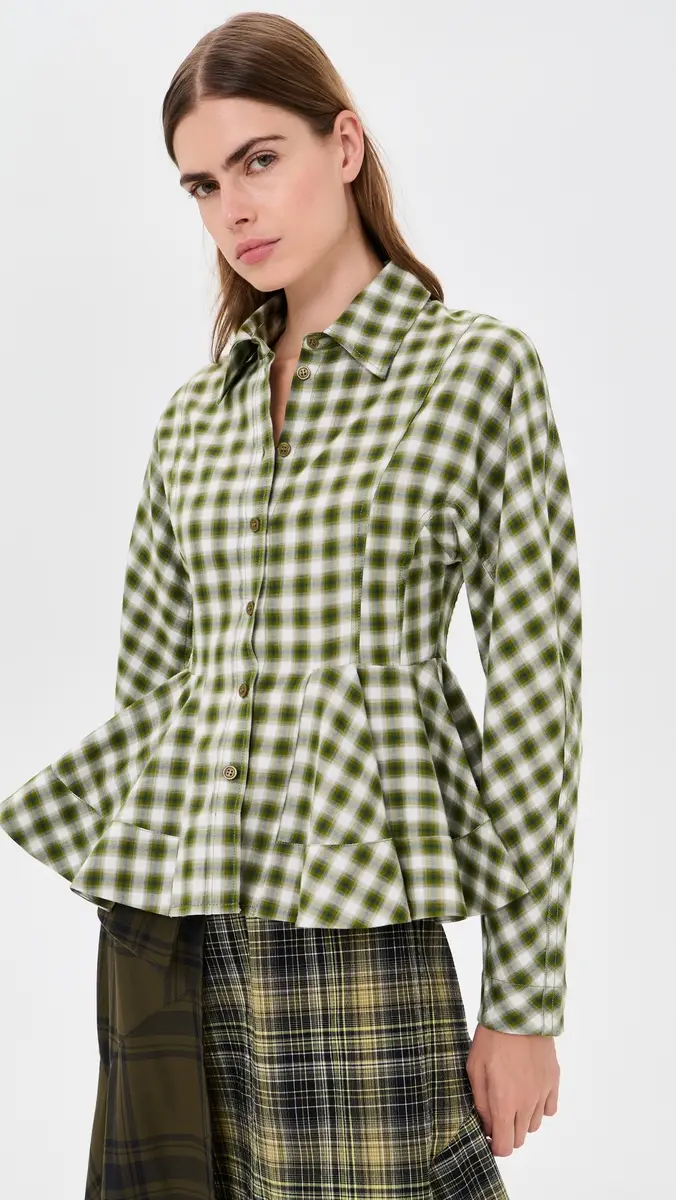Ganni Light Check Flannel Peplum Shirt | Thumbnail 2