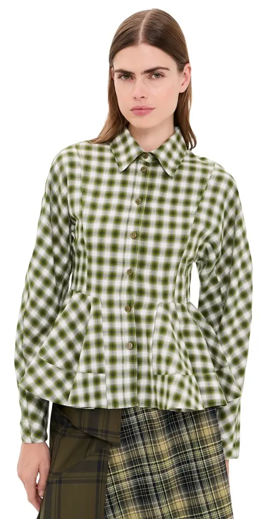 Ganni Light Check Flannel Peplum Shirt