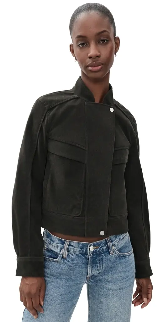 Avec Les Filles Asymmetrical Faux Suede Bomber Jacket