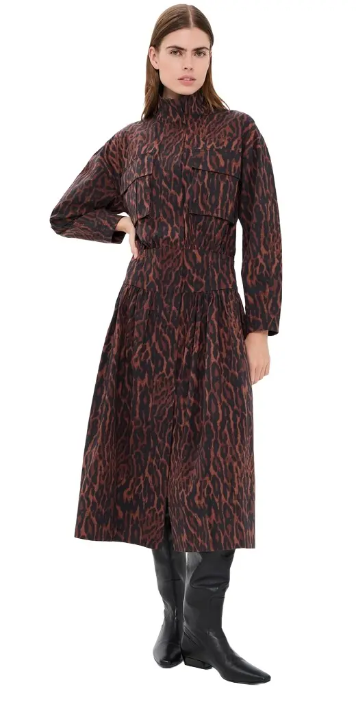Ganni Printed Stretch Cotton Long Utility Dress