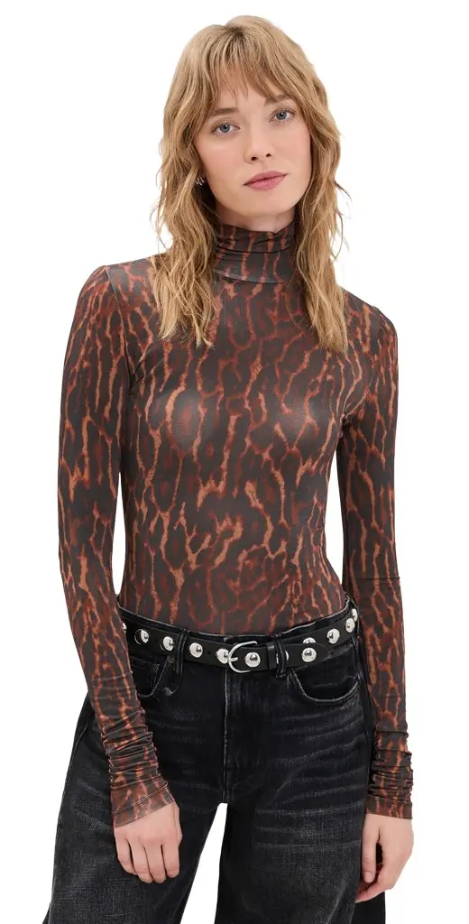 Ganni Printed Shiny Jersey Turtleneck