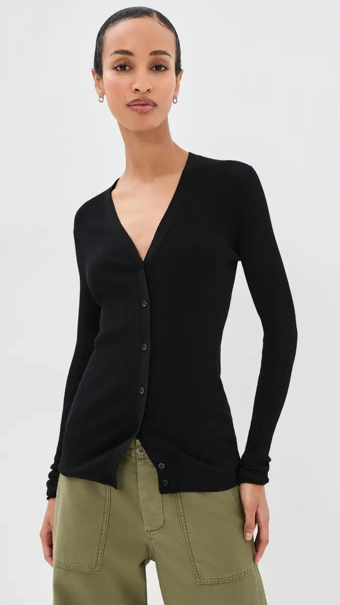 Tibi Feather Weight Ribbed V Neck Slim Cardigan | Thumbnail 2 Tibi Feather Weight Ribbed V Neck Slim Cardigan | Thumbnail 2