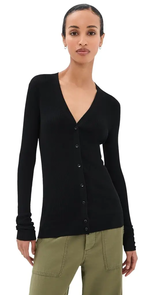 Tibi Feather Weight Ribbed V Neck Slim Cardigan