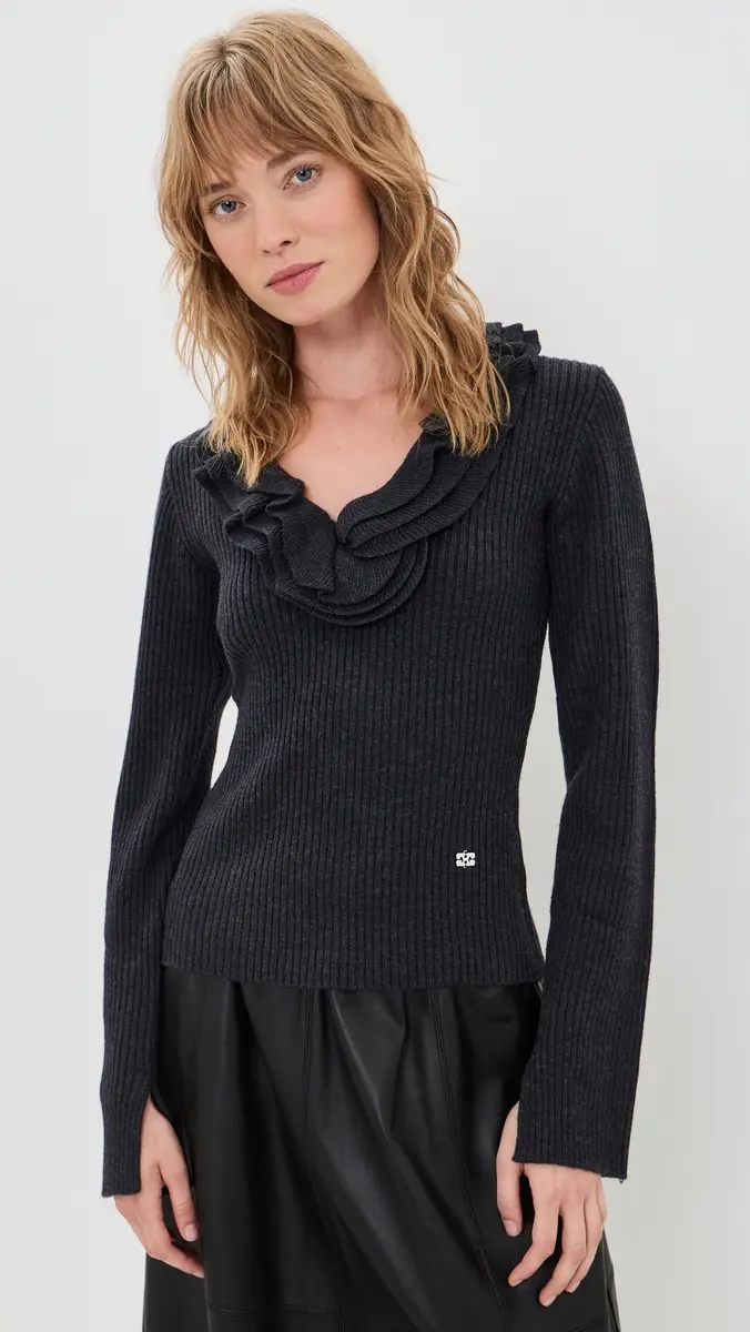 Ganni Ribbed Merino Wool Frill Sweater | Thumbnail 2 Ganni Ribbed Merino Wool Frill Sweater | Thumbnail 2