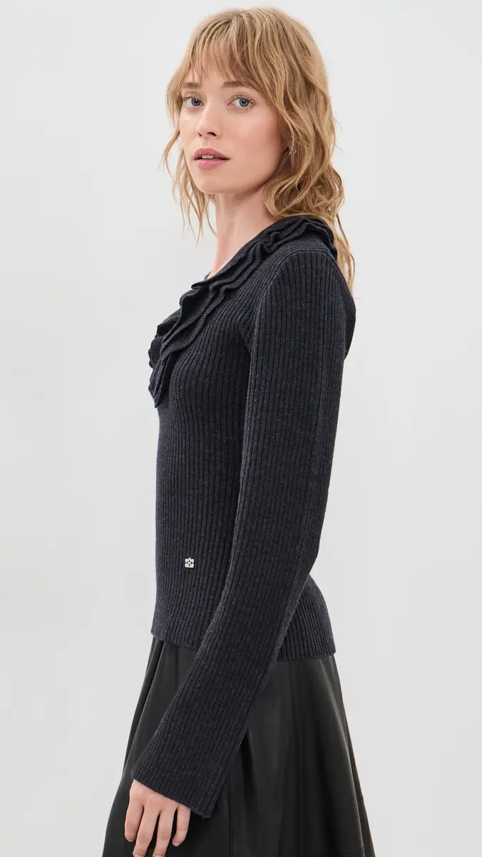 Ganni Ribbed Merino Wool Frill Sweater | Thumbnail 4 Ganni Ribbed Merino Wool Frill Sweater | Thumbnail 4