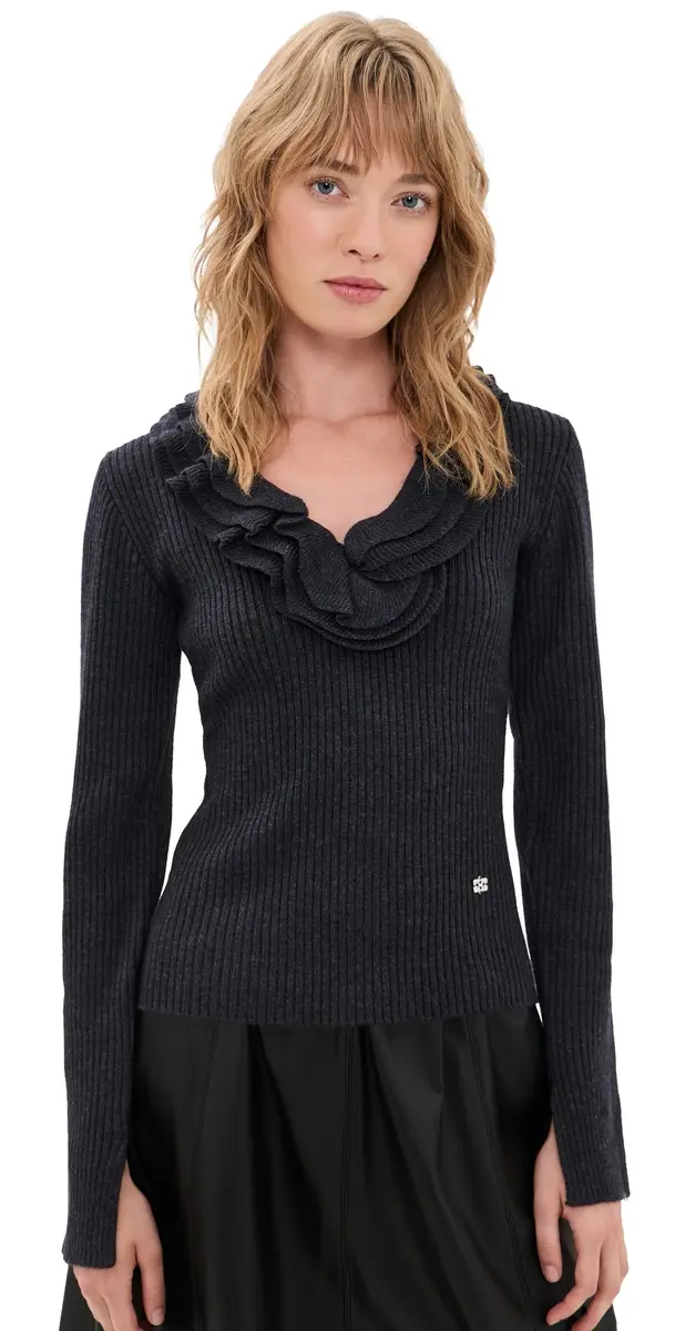 Ganni Ribbed Merino Wool Frill Sweater
