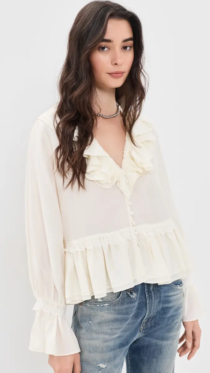 Ganni Viscose Silk Blend Frill Blouse | Thumbnail 2