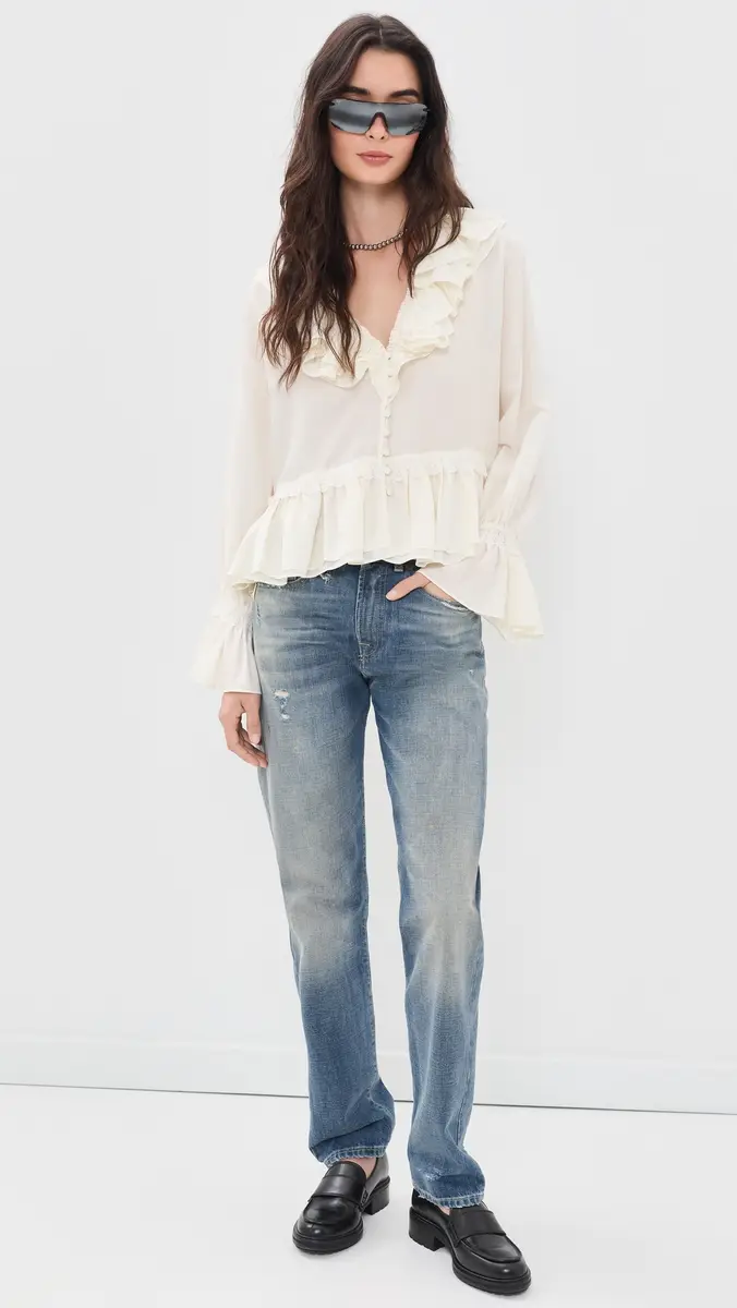 Ganni Viscose Silk Blend Frill Blouse | Thumbnail 5