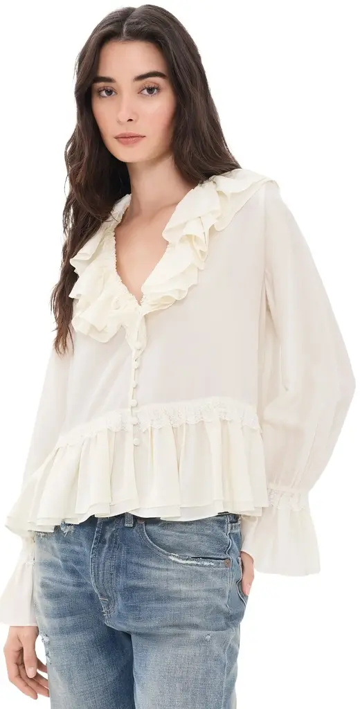 Ganni Viscose Silk Blend Frill Blouse