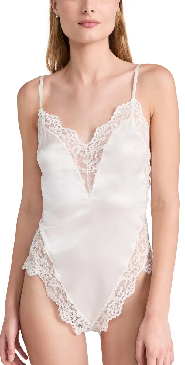 Fleur du Mal Venus Lace Trim Silk Thong Teddy
