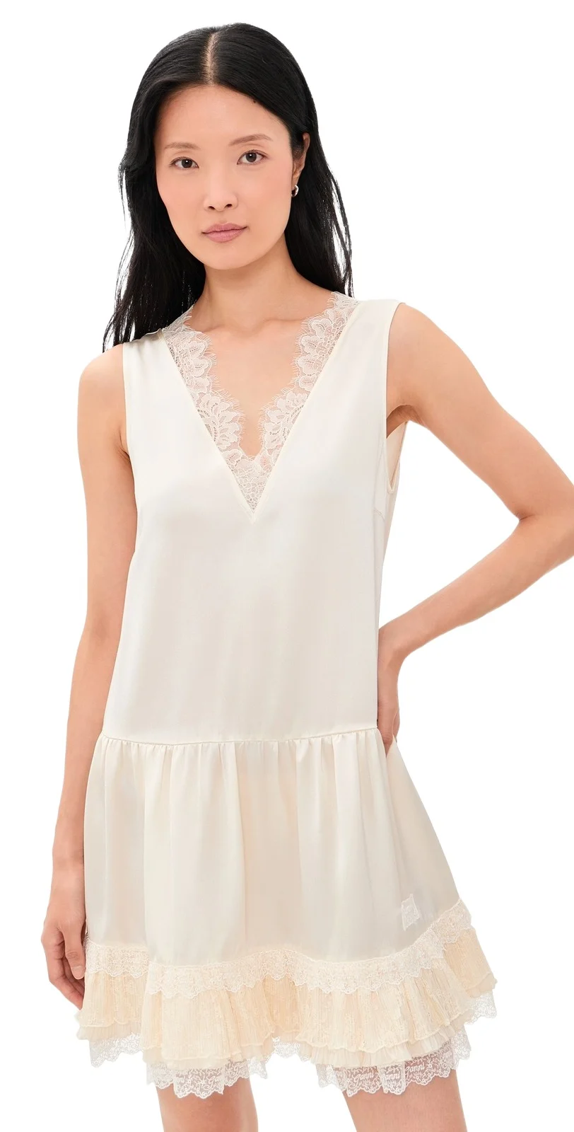 Fluid Satin V Neck Lace Mini Dress Fluid Satin V Neck Lace Mini Dress