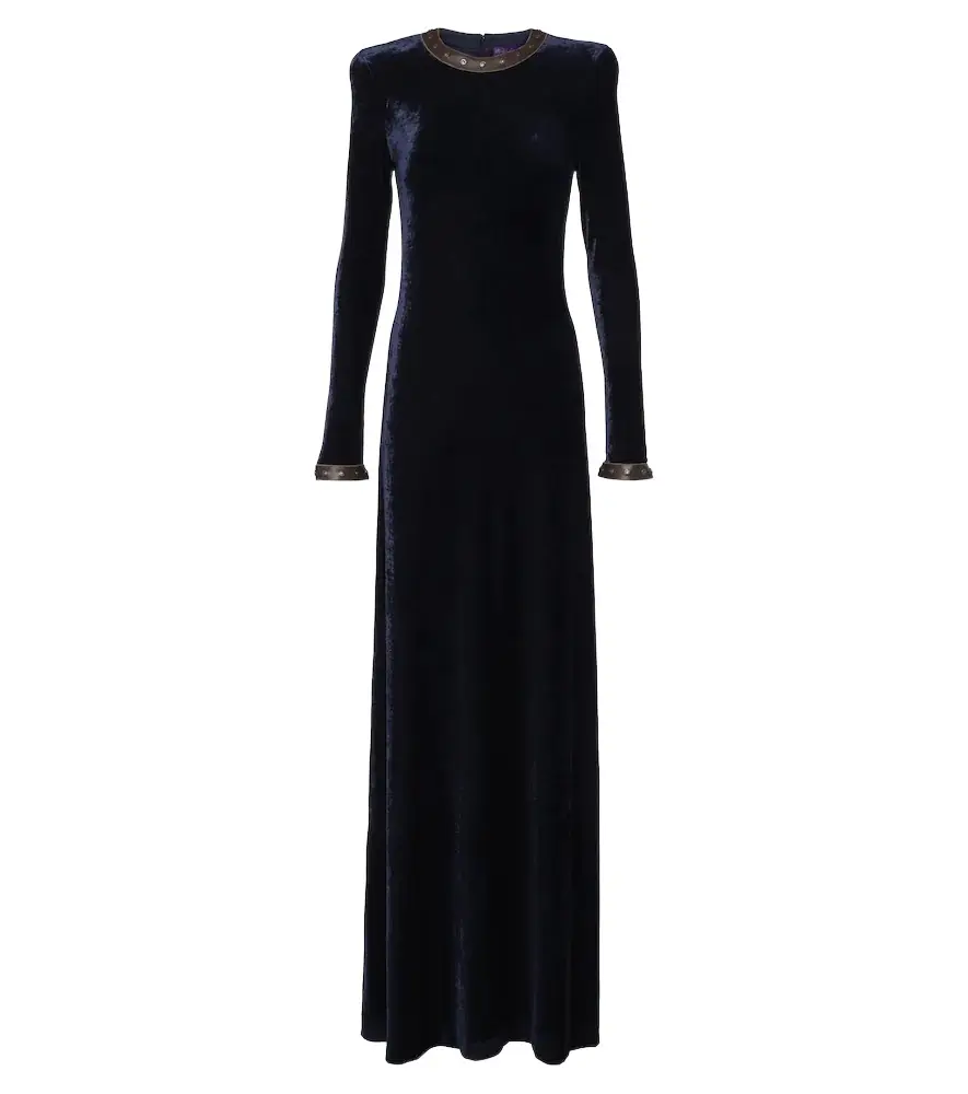 Nancie leather-trimmed velour gown Nancie leather-trimmed velour gown