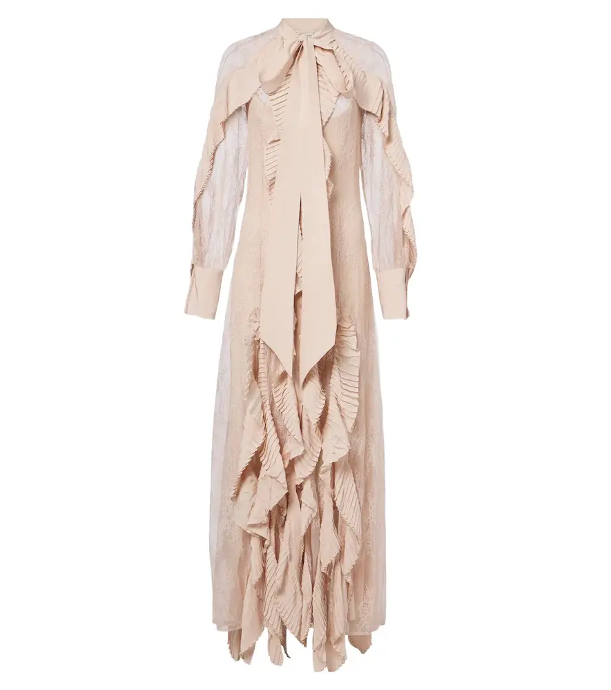 Ruffled tie-neck lace gown