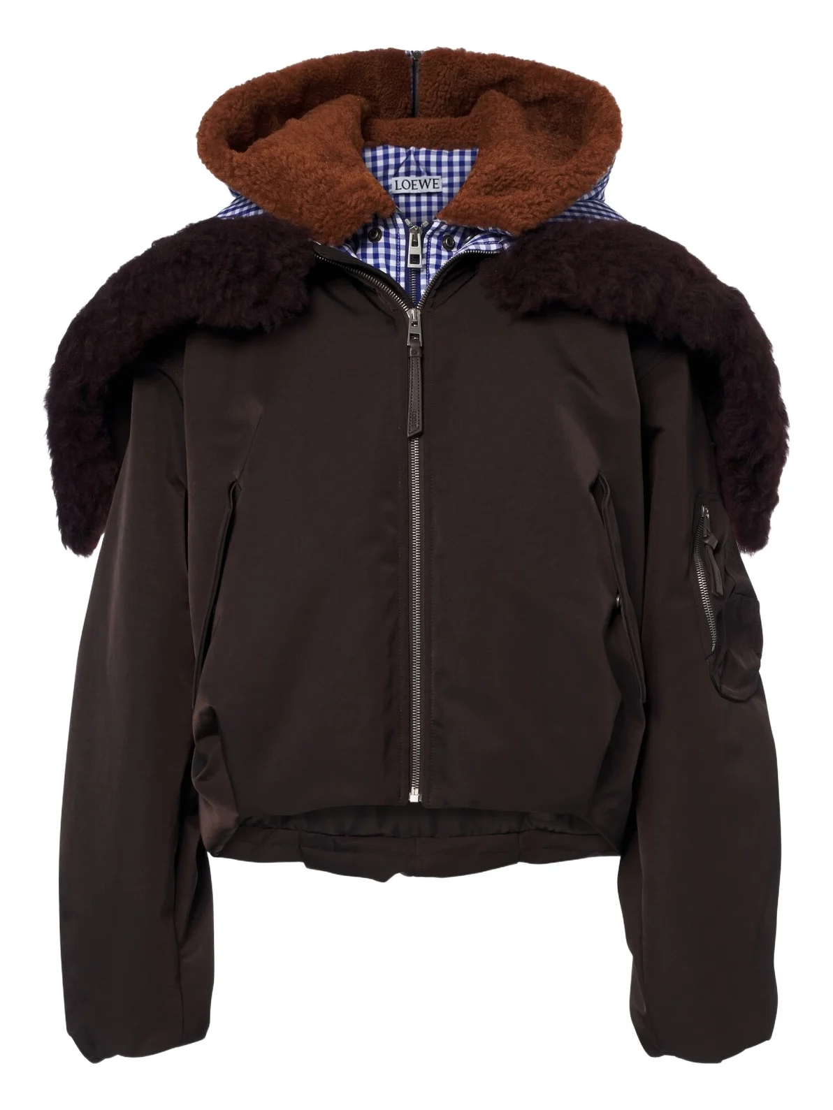 Gingham hooded layered technical jacket